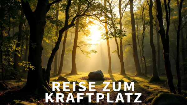 Reise zum Kraftplatz - Wald mit Sonnenstrahlen und einem Stein in der Mitte